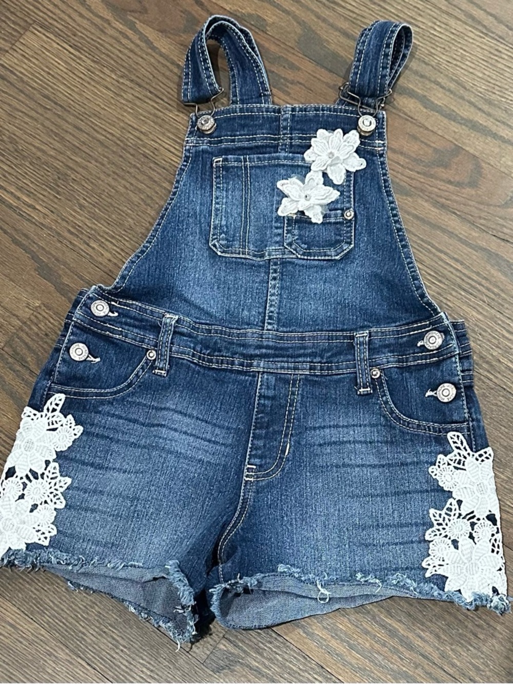 Jordache Girls Dark Blue Denim Shortalls with White Lace Appliqué Sz L 10-12